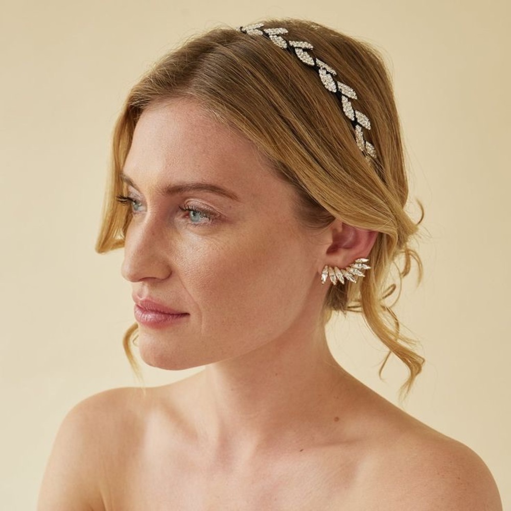 Half Olive Crystal Headband in Black silk headband with Gold Plate